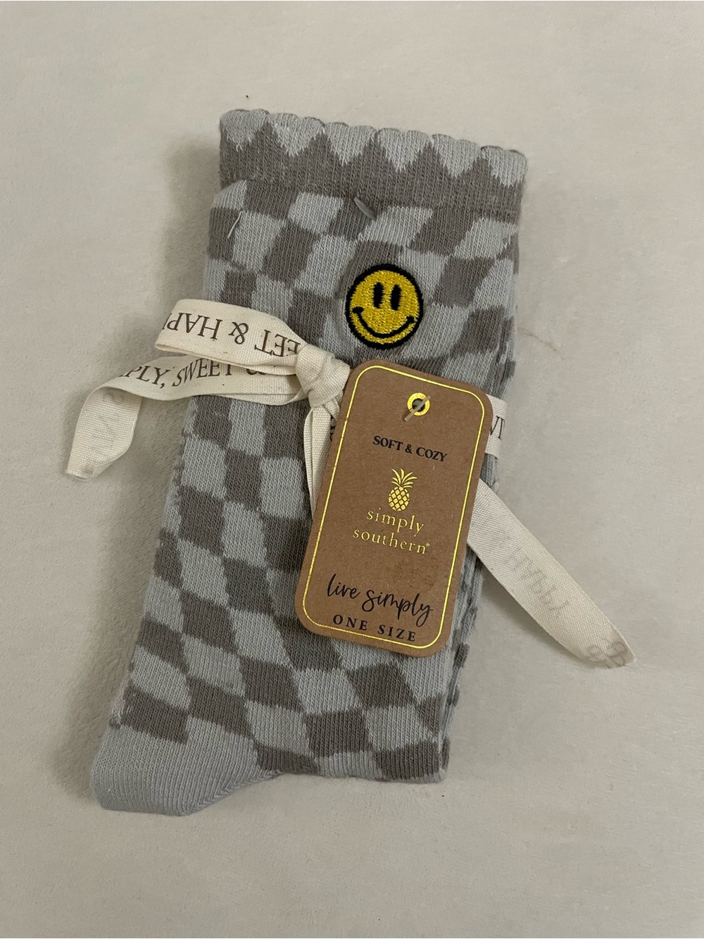 Simply Southern Gray Checkered Socks with Yellow Smiley Patch NWT 100% Cotton